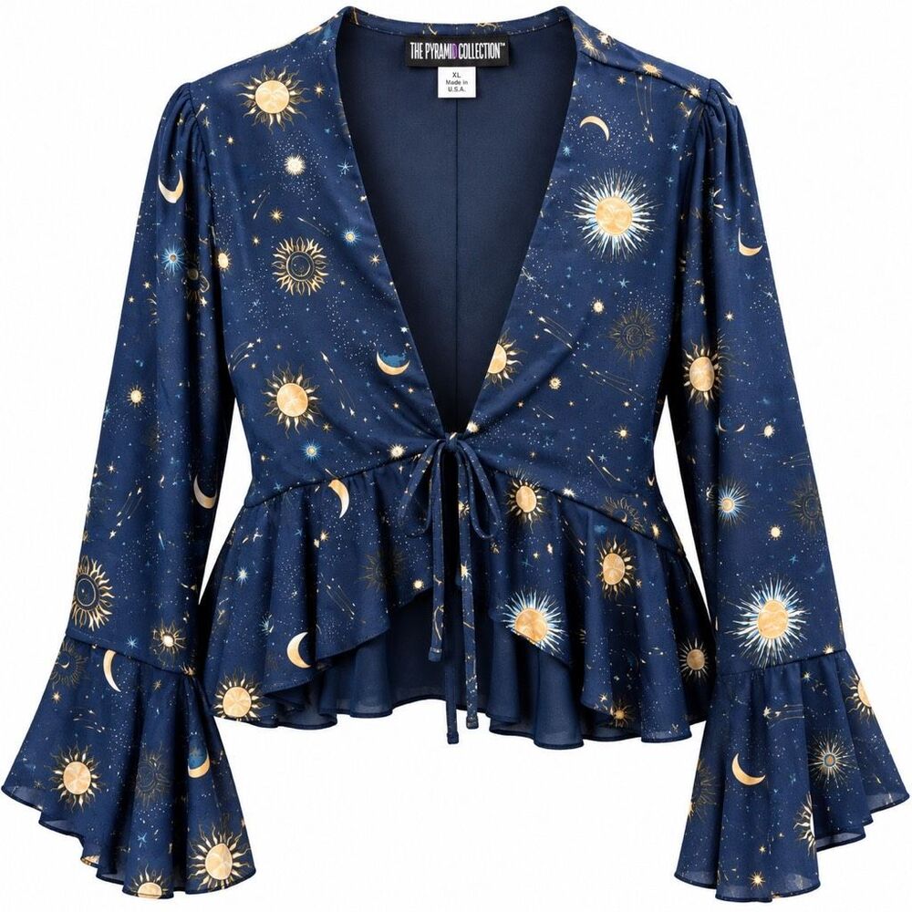 The Pyramid Collection Midnight Magic Moon Star Peplum cardigan Jacket Womens M